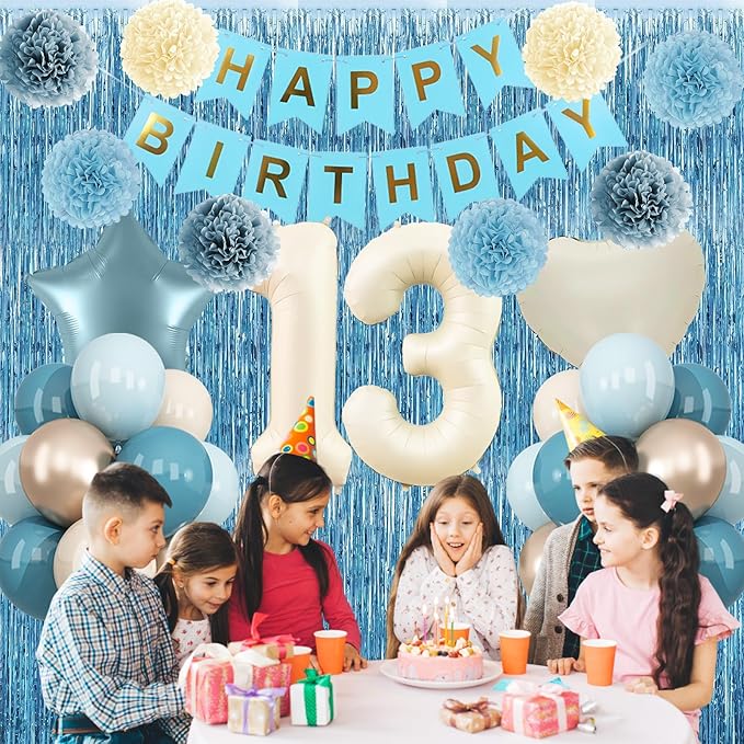 Dusty Blue 13th Birthday Party Decorations Boys Girls Beige Cream Number 13 Balloon with Blue Gold Happy Birthday Banner Fringe Curtain Paper Pom Poms Nude White Sand Champagne Star Foil Balloons