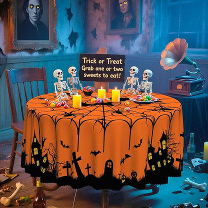 Eikione Round Halloween 60In Tablecloth, Haunted House Decorative Table Cloth, Waterproof and Washable Fabric Table Cover for Party Kitchen Dining Room