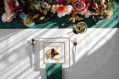 BloominGoods Plastic Disposable Square Dessert Plates | 50-Pack 6.5 inches White with Gold Rim Square Plates | Ideal for Weddings, Parties, Catering | Heavy Duty & Non Toxic