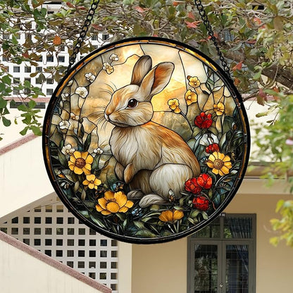Stained Glass Window Hanging - Rabbit Flowers Suncatcher Ready to Hang Window Doors Home Decoration, Easter, Mother's Day Birthday Gifts for Women, Men, and Mom 14.9x14.9 in