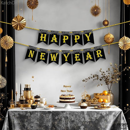 KatchOn, Black Gold Happy New Year Banner 2026-10 Feet | Happy New Year Sign, Happy New Years Decorations 2026 | NYE Banner for NYE Decorations 2026 | New Years Eve Party Supplies 2026