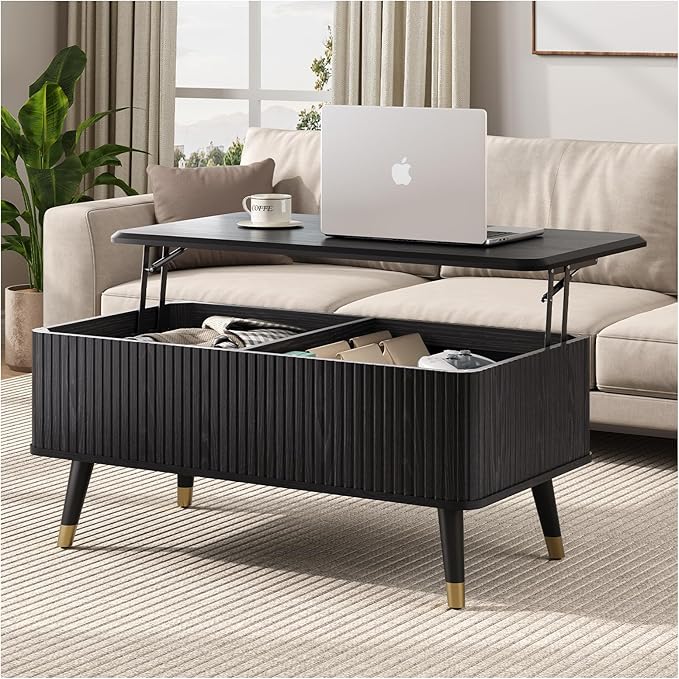 Lift Top Coffee Table with Storage, Modern Black Fluted Design, Pop-Up Center Table with Hidden Compartment for Living Room & Home Office Work/Dining