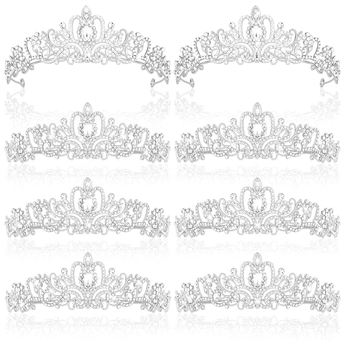 CIEHER 8 PCS Crowns for Women, Crystal Queen Crown Princess Tiaras for Prom Birthday Party Halloween Costume - Silver