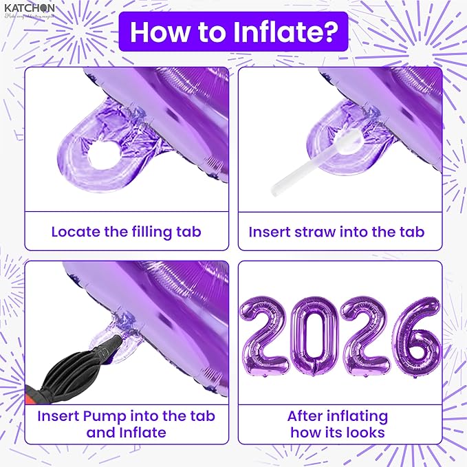 Katchon, Giant Purple 2026 Balloons - 42 Inch | Happy New Year Balloons | 2026 Balloon Numbers | Silver Balloon for New Years Decorations 2026 | NYE Decorations | New Years Eve Party Supplies 2026