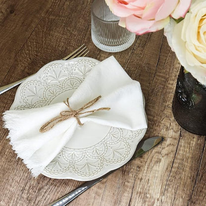 Handmade Cloth Napkins with Fringe,18 x 18 Inches Cotton Linen Napkins Set of 4 Versatile Handmade Square Rustic Fringe Napkins for Dinner, Wedding and Parties, White