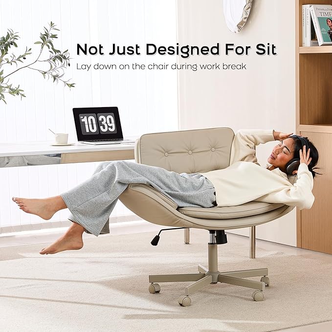 Criss Cross Chair with Armrests & Wheels, PU Leather Vanity Chair, Comfortable Adjustable Swivel Computer Office Desk Chairs for Home, Make Up, Bed Room (Cream)