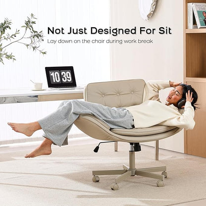 Criss Cross Chair with Armrests & Wheels, PU Leather Vanity Chair, Comfortable Adjustable Swivel Computer Office Desk Chairs for Home, Make Up, Bed Room (Cream)