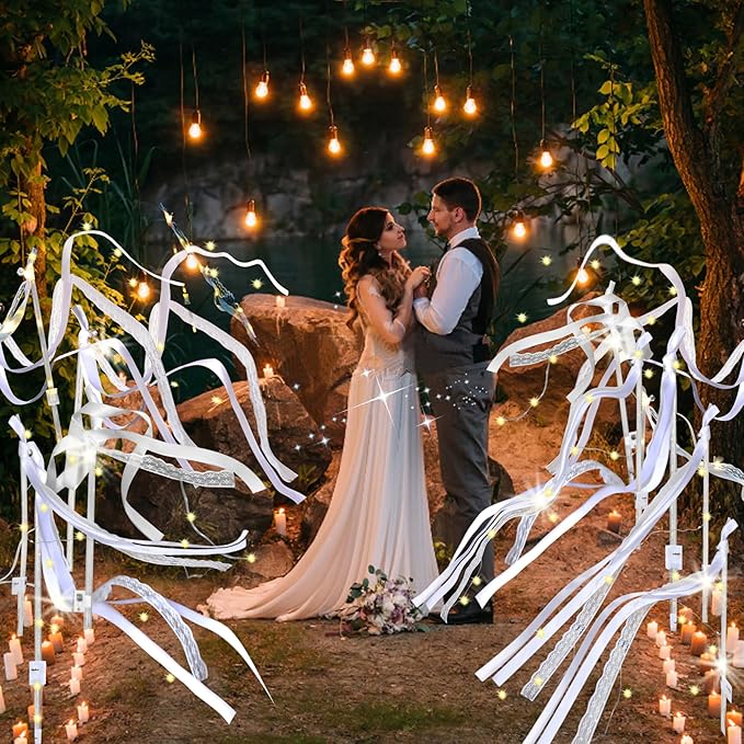60PCS Light Up Wands,White Wedding Wands Streamers with 3 Flashing Modes,LED Silk Fairy Wands with Bells,Glow Lace Sticks for Wedding Reception,Birthday,Raves,July 4th