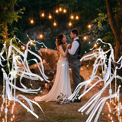 60PCS Light Up Wands,White Wedding Wands Streamers with 3 Flashing Modes,LED Silk Fairy Wands with Bells,Glow Lace Sticks for Wedding Reception,Birthday,Raves,July 4th