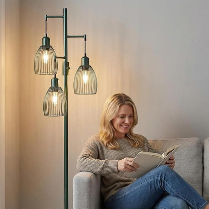 Torondo Dimmable Industrial Floor Lamps for Living Room, Green Tree Standing Tall Lamps with 3 Elegant Teardrop Cage Head & 800 Lumens LED Bulbs for Bedroom Office
