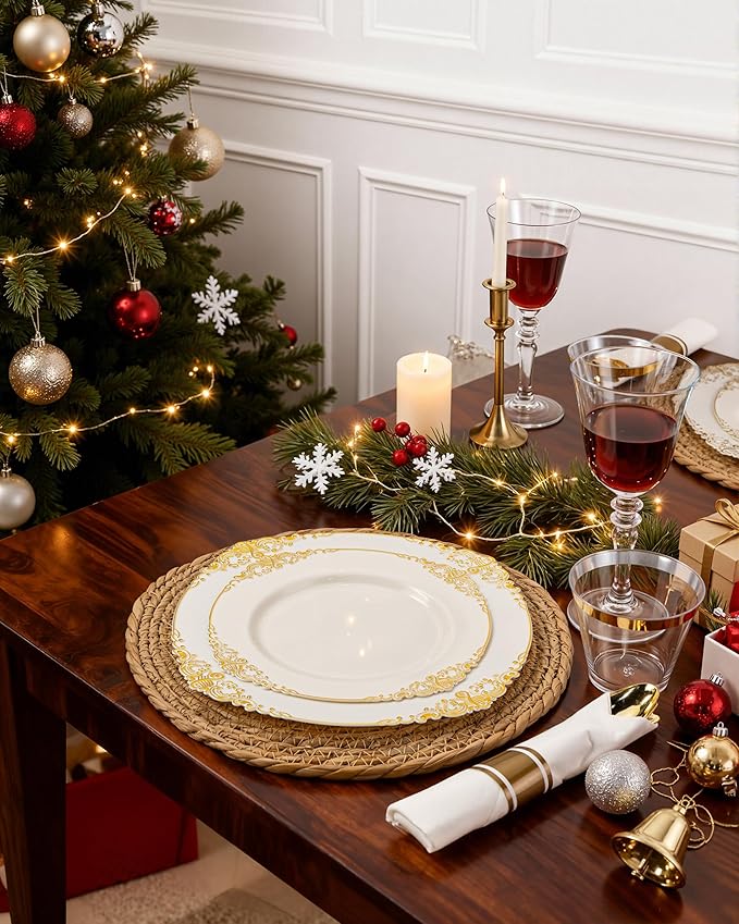 Nervure 350PCS Ivory Plastic Plates - Ivory Gold Plastic Dinnerware Sets for 50 Guests - 100 Gold Disposable Plates, 50 Pre Rolled Silverware Sets, 50 Cups Perfect for Wedding & Thanksgiving