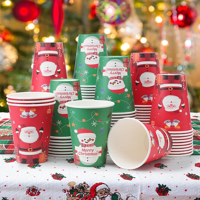 Lamosi Christmas Paper Cups 12 oz 100 Pack, Disposable Coffee Cups Hot/Cold Beverage for Xmas Party, Holiday, Cafe, Restaurant