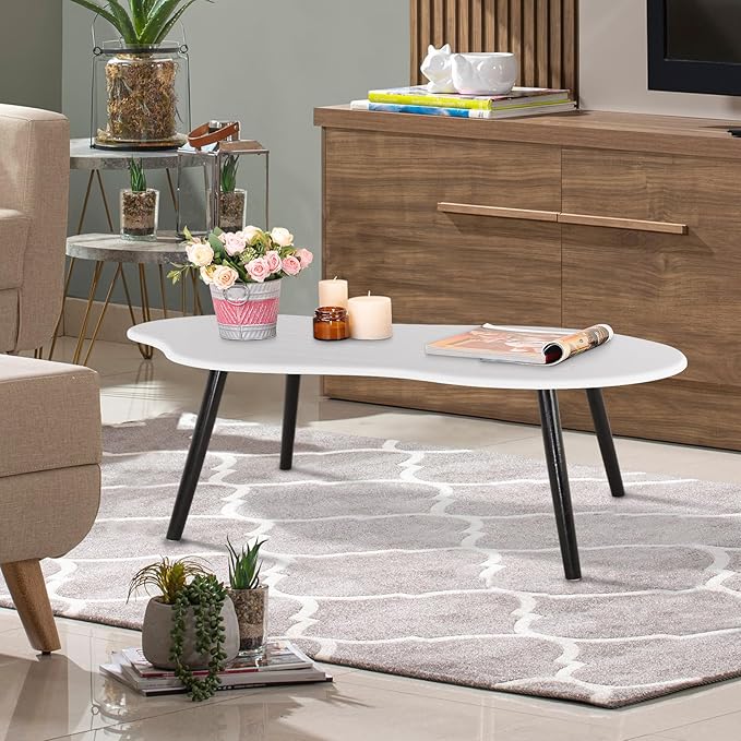 Small Coffee Table Cloud Shaped Irregular Center Table for Living Room Unique White Wood Grain Top Floor Table for Small Space Apartment