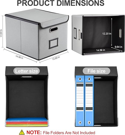 Collapsible File Box with Lid & Plastic Slide - Hanging Document Organizer for Office/Home, 14.96x12.6x10.83 Inch,Decorative Home File Bin,Light Grey,2 Pack (No Folders Included)