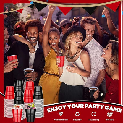KesaPlan 100 PCS 12 OZ Plastic Cups, Happy New Year Party Cups Black and Red Cups Disposable Drinking Cup Bulk For Christmas Graduation Wedding Birthday Halloween Family Gathering Festive Celebrations