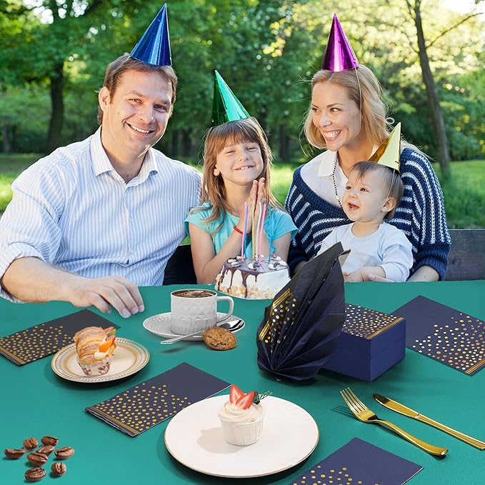 100 Pcs Blue Paper Napkins Disposable - Blue Gold Dot Party Napkins Navy Blue Dinner Napkins for Wedding Anniversary Birthday Bathroom Party Supplies