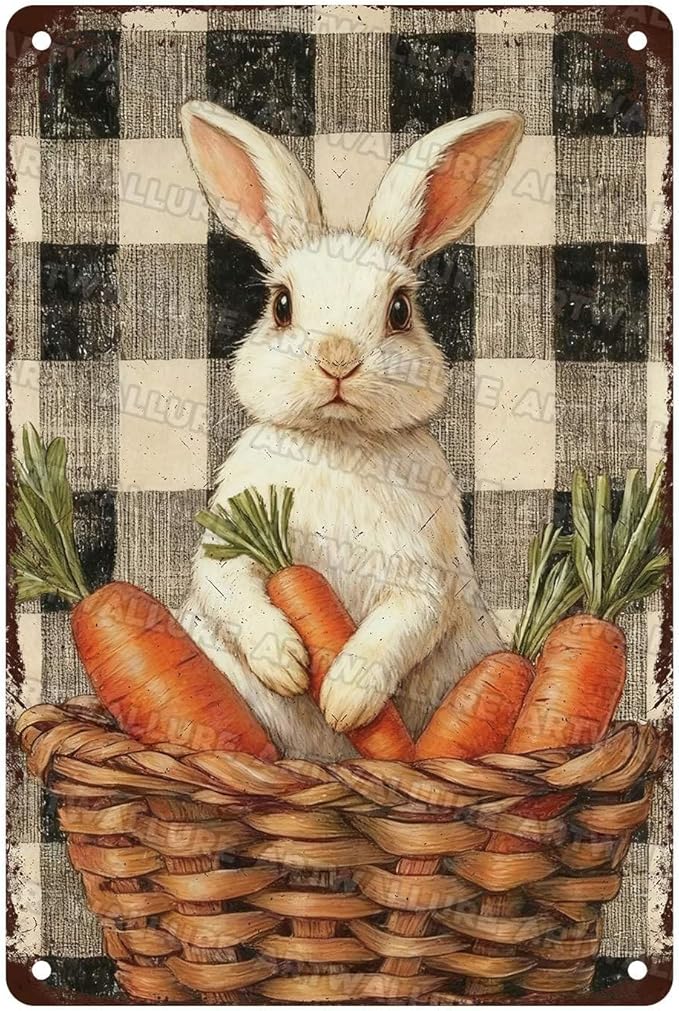 Charming Easter Bunny Metal Sign Vintage Checkered Basket Carrot Design Rustic Country Wall Art For Living Room Kitchen Office Spring Decor 8x12Inch