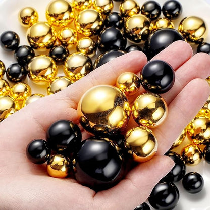 Hicarer 120 Pieces Pearl for Vase Filler Pearl Bead Vase Centerpieces Brush Holder Assorted Round Faux Bead for Crafting, Home Wedding Table Decor 14/20/30 mm(Bright Black, Bright Gold)