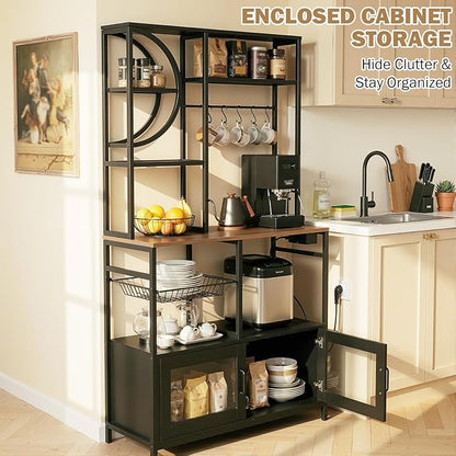 Uieke Bakers Rack with Power Outlet and Storage, Kitchen Bakers Rack with Cabinet & 10 Hooks, Coffee Bar Cabinet, Microwave Stand, 5 Tiers Kitchen Storage Rack for Dining Room & Small Spaces, Black