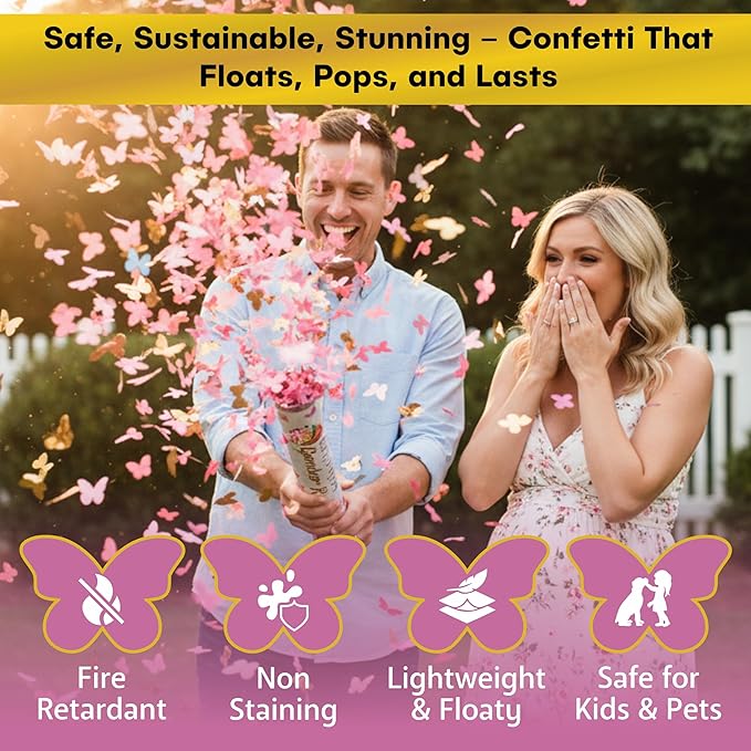 2 Pack Pink Butterfly -Shaped Confetti Poppers for Baby Gender Reveal | Pink Paper and Gold Mylar Baby Girl Party Supplies
