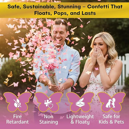 2 Pack Pink Butterfly -Shaped Confetti Poppers for Baby Gender Reveal | Pink Paper and Gold Mylar Baby Girl Party Supplies