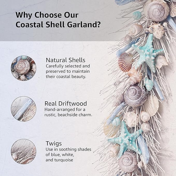 HOLIDAY TREE Handcrafted 48" Shell Coastal Christmas Garland – Beach Christmas Decor for Home, Staircase, Wall, Hallway & More | Summer Coastal Style Holiday Garland