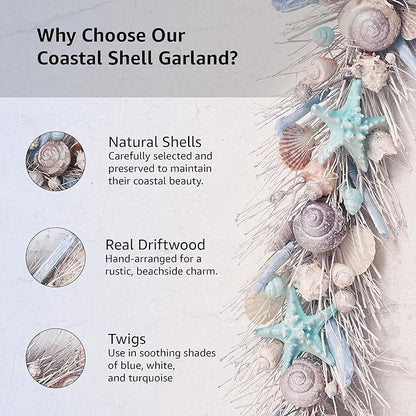 HOLIDAY TREE Handcrafted 48" Shell Coastal Christmas Garland – Beach Christmas Decor for Home, Staircase, Wall, Hallway & More | Summer Coastal Style Holiday Garland