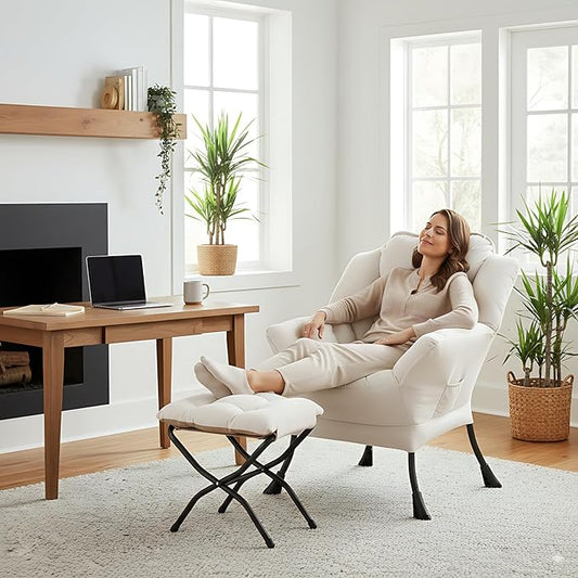 LITA Lazy Chair with Ottoman, Modern Accent Leisure Upholstered Sofa, Contemporary Lounge Reading Chair with Armrests and a Side Pocket for Living Room, Bedroom & Small Space, Beige