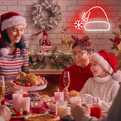 Christmas Hat Neon Sign, Red & White USB Plastic LED Light, Modern Holiday Decorative Signage for Wall Decor, Dimmable Christmas Decorations