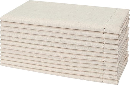 Natural Color Blend Cotton Linen Napkins Set of 12 - Hemstitched 18x18 Inch Decorative Elegant Soft Washable Reusable Flax Dinner Napkin for Dining Table Décor Weddings Party Christmas & Everyday Use