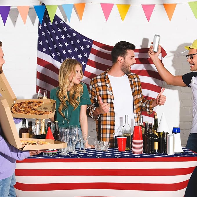 Oudain 2 Pcs Red White and Blue Star Stretch Table Cover 6 Feet Patriotic Spandex Table Clothes American Star Party Decorations for Independence Day Veterans Memorial Day Events Party Celebration