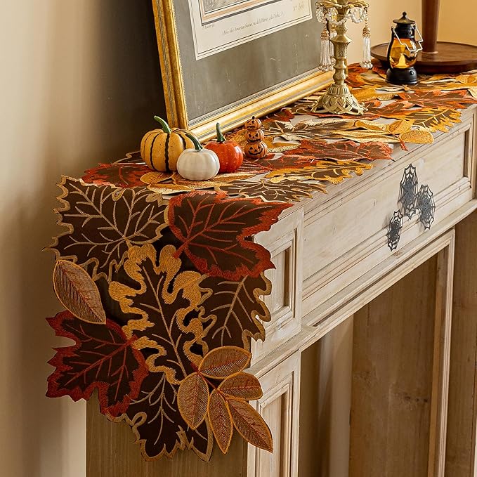 Joyfol Day Fall Thanksgiving Table Runner 14 x 33 Inches, Cutwork Embroidered Brown Maple Leaves Table Runners, Autumn Rust Dresser Scarf for Harvest Party Dinner Seasonal Decoration