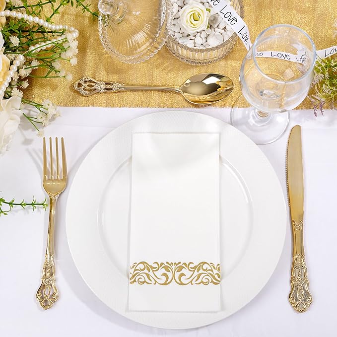 50PCS Gold Napkins Disposable - White and Gold Paper Napkins - Cloth-Like Feel Dinner Paper - Elegant Heavy Duty Hand Towels for Bathroom Thanksgiving Party Bridal Decorative Reception