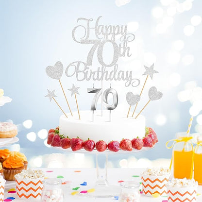 70th Birthday Cake Decorations, 70th Birthday Candles Cake Numeral Candles and Glitter Happy 70th Birthday Cake Toppers Set for Birthday Party Supplies (Silver)
