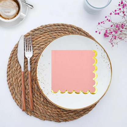 200 Pack Pink Paper Napkins Gold Foil Scalloped Cocktail Napkins Pink Disposable Beverage Napkins for Pink Themed Party Supplies Birthday Baby Shower Wedding Dinnerware Tableware Decorations