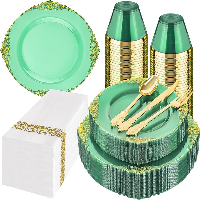 Hioasis 350pcs Clear Green Plastic Plates - Elegant Disposable Dinnerware Set Suitable for 50 Guests Include 10.25" Dinner & 7.5" Dessert Plates, Cutlery, Napkins, Cups for Party & Christmas