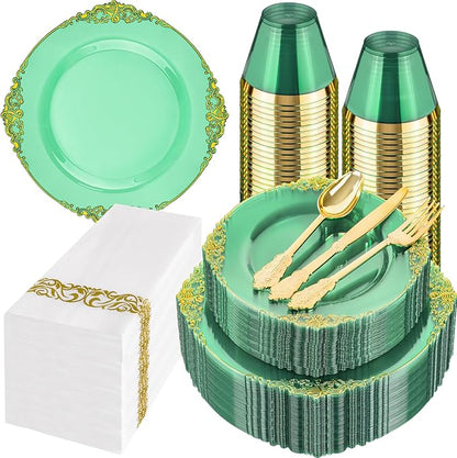 Hioasis 350pcs Clear Green Plastic Plates - Elegant Disposable Dinnerware Set Suitable for 50 Guests Include 10.25" Dinner & 7.5" Dessert Plates, Cutlery, Napkins, Cups for Party & Christmas