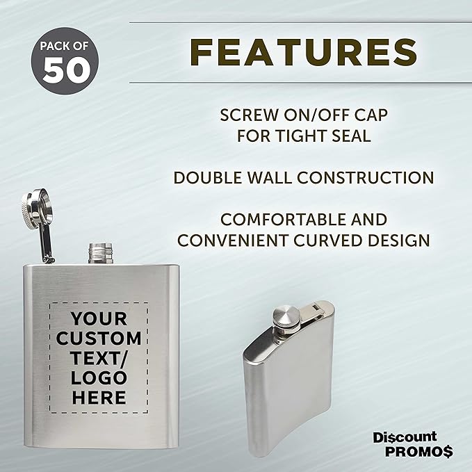 Custom Murano Stainless Steel Hip Flasks 6 oz. Set of 50, Personalized Bulk Pack - Screw on Cap, Great for Wedding Party Gifts, Groomsmen Gifts, Outdoor Activities - Silver