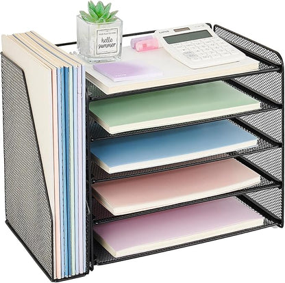OPNICE Desk Organizer, 5-Tier Paper Organizer Letter Tray with Magazine Holder, Office Desk Accessories & Workspace Organizers, Desktop File Organizer for Office Supplies Storage, Black