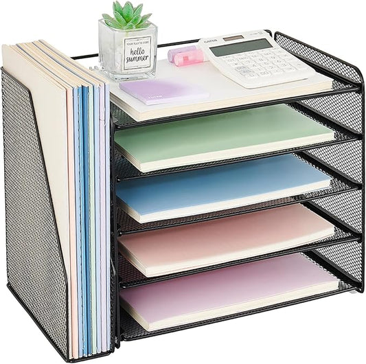 OPNICE Desk Organizer, 5-Tier Paper Organizer Letter Tray with Magazine Holder, Office Desk Accessories & Workspace Organizers, Desktop File Organizer for Office Supplies Storage, Black