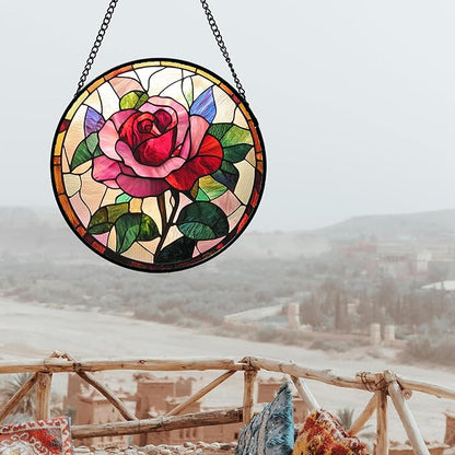 Stained Glass Window Hanging - Pink Rose Suncatcher for Door Garden Home Decor Birth Flower Sun Catcher Christmas Birthday for Friend Lovers Women Mom Nana 6.3 in