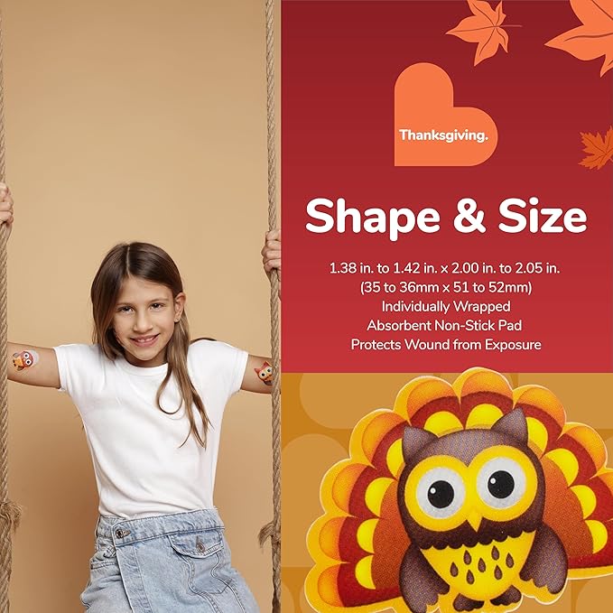 BioSwiss Kids Bandages, Thanksgiving Shaped Self Adhesive Bandage Set, Latex Free, Sterile Wound Care, 24 Count
