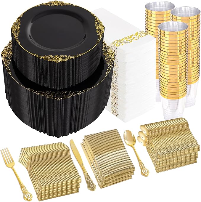 YOUBET 700PCS Black Plastic Plates - Black and Gold Plates - Gold Plastic Dinnerware Set Include 200 Disposable Plate, 300 Heavy Duty Silverware, 100 Cups, 100 Napkins for Wedding & Party New Year