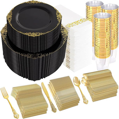 YOUBET 700PCS Black Plastic Plates - Black and Gold Plates - Gold Plastic Dinnerware Set Include 200 Disposable Plate, 300 Heavy Duty Silverware, 100 Cups, 100 Napkins for Wedding & Party New Year