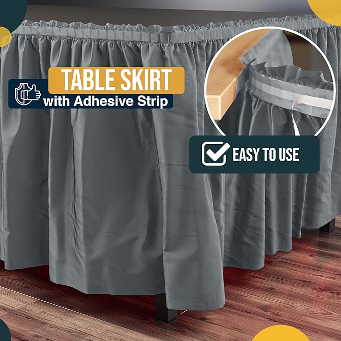 Exquisite Ruffle Table Skirt Silver Pack Of 12, 14 Ft Long Table Skirts for Rectangle Tables 6ft Plus or Round Tables Skirts with Adhesive Strip for Gender Reveal Decor & Happy Birthday Parties
