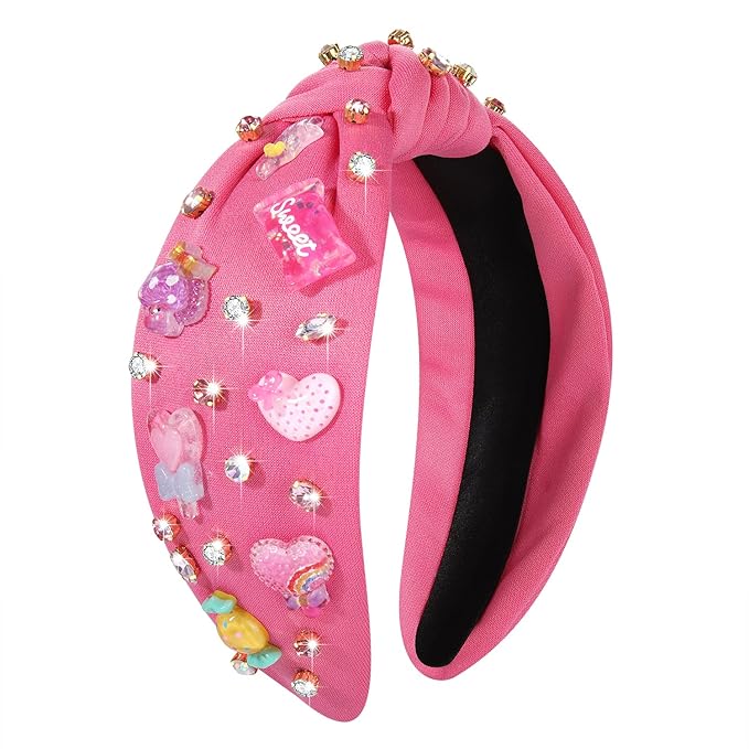 Knotted Headband for Women Lollipop Candy Mushroom Crystal Jeweled Embellished Top Knot Hairband Statement Wide Turban Hair Hoop Funny Gifts for Girls Sister Birthday Xmas Holiday Party