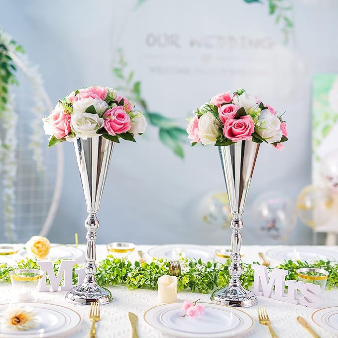 Sliver Vase Centerpiece Table Decorations - 10 Pcs Metal Tabletop Flower Stand, Wedding Decorations for Reception, 16.5in Trumpet Tall Flower Vase for Birthday, Weddings, Anniversary, Home Decor