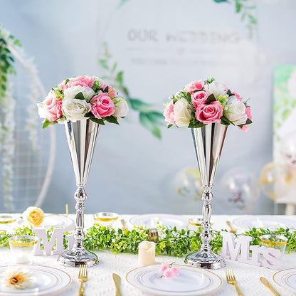 Sliver Vase Centerpiece Table Decorations - 10 Pcs Metal Tabletop Flower Stand, Wedding Decorations for Reception, 16.5in Trumpet Tall Flower Vase for Birthday, Weddings, Anniversary, Home Decor