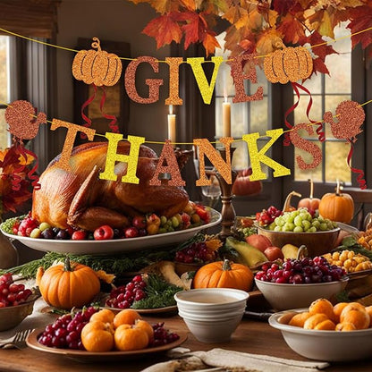 Give Thanks Banner for Thanksgiving Party Fall Thanksgiving Decorations, Outdoor Home Office Classroom Hanging, Decor Gold Orange Yellow Glitter