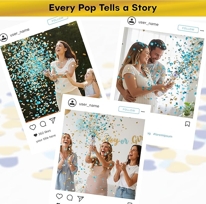 2 Pack Blue Heart-Shaped Confetti Poppers for Baby Gender Reveal | Blue Paper and Gold Mylar Baby Boy Party Supplies
